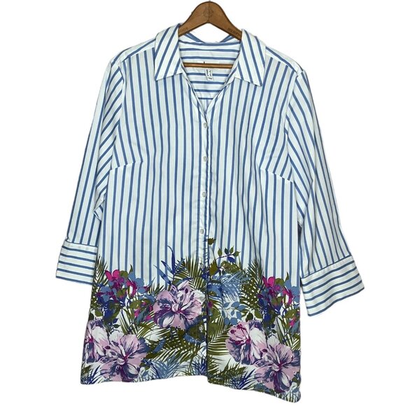 Denim & Co. Large L Blue Striped Tropical Border Print Button Front Tunic Top - Picture 1 of 4